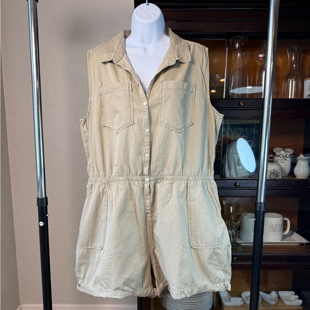 Pact Organic Cotton Button Front Utility Khaki Tan Romper Tan Size XL